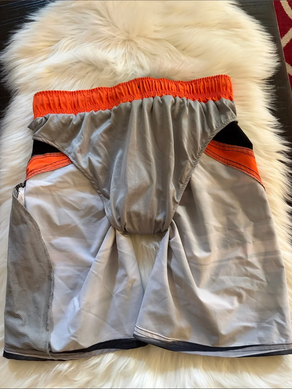 ZeroXPosur  Gray & Black Striped Swim Trunks with Orange Accents